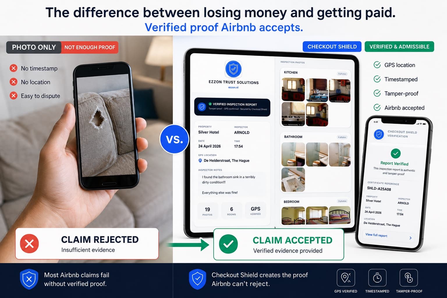 Photo only vs verified inspection report: claim rejected vs claim accepted