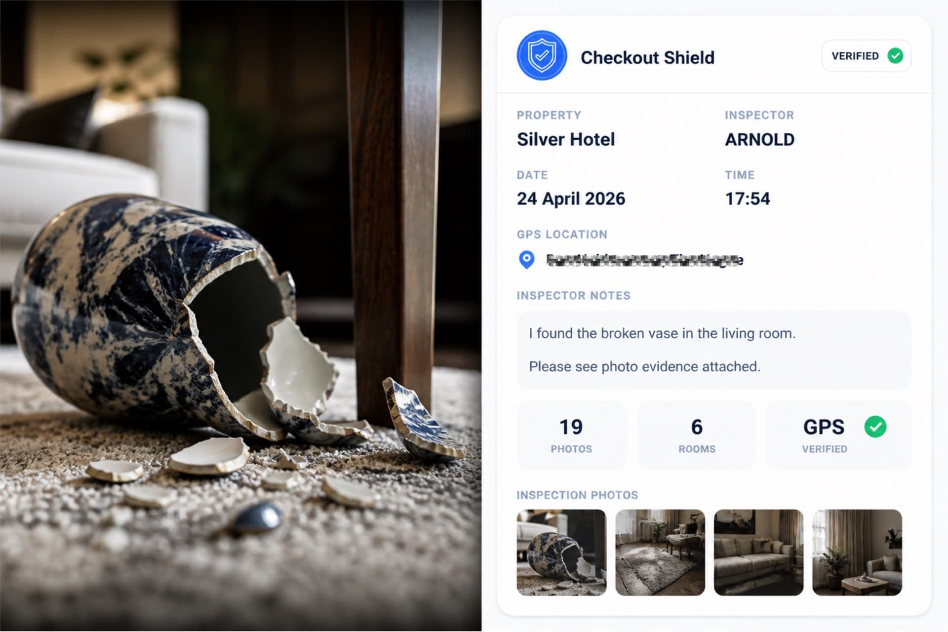 Broken vase documented with GPS-verified Checkout Shield inspection report