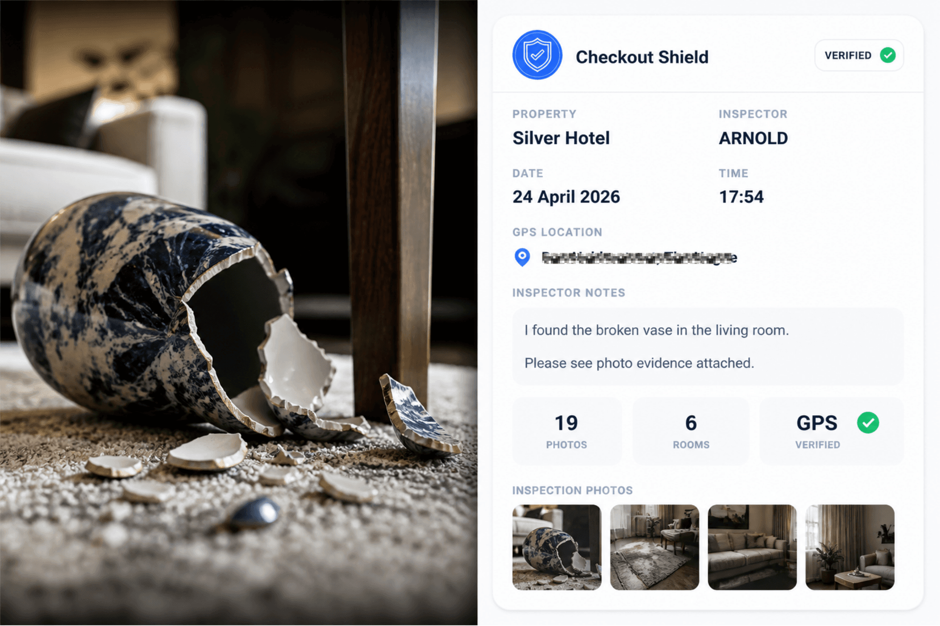 Broken vase documented with GPS-verified Checkout Shield inspection report